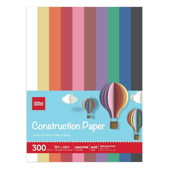 Office Depot® Brand Construction Paper, 9" x 12", 100% Recycled, Assorted Colors, Pack Of 300 Sheets