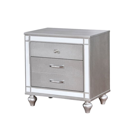 Modern 2 Wooden Nightstand In Silver Color - Felt-lined Top, Crocodile-textured Detail, Easy Assembly For Bedroom Chic 2 Drawers Nightstand, Brilliancy Front,