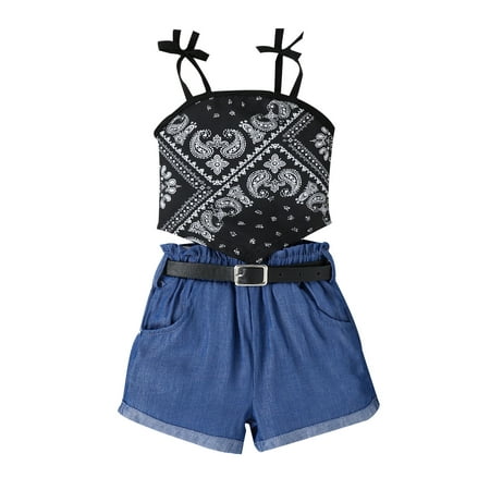 

Qtinghua Toddler Baby Girls Summer Clothes Graphic Spaghetti Strap Tie Up Crop Top Denim Shorts Belted Outfits
