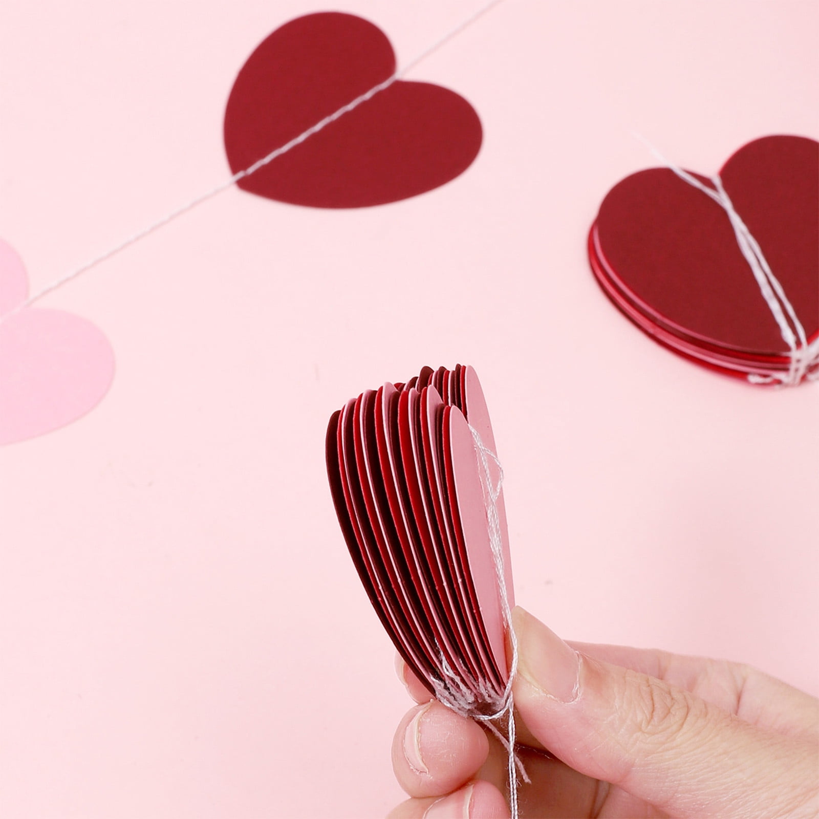 Valentine's Day Heart Garland Set of 2, Red Pink Paper Banner with 6.5ft String, Reusable Hanging Decor for Wall Party Classroom Decorations