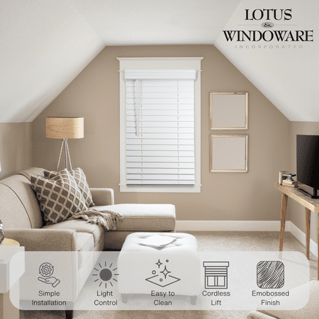 Lotus & Windoware Cordless 2 Faux Wood Room Darkening Horizontal Blind, 34.5 W x 72 L, Bright White, Embossed
