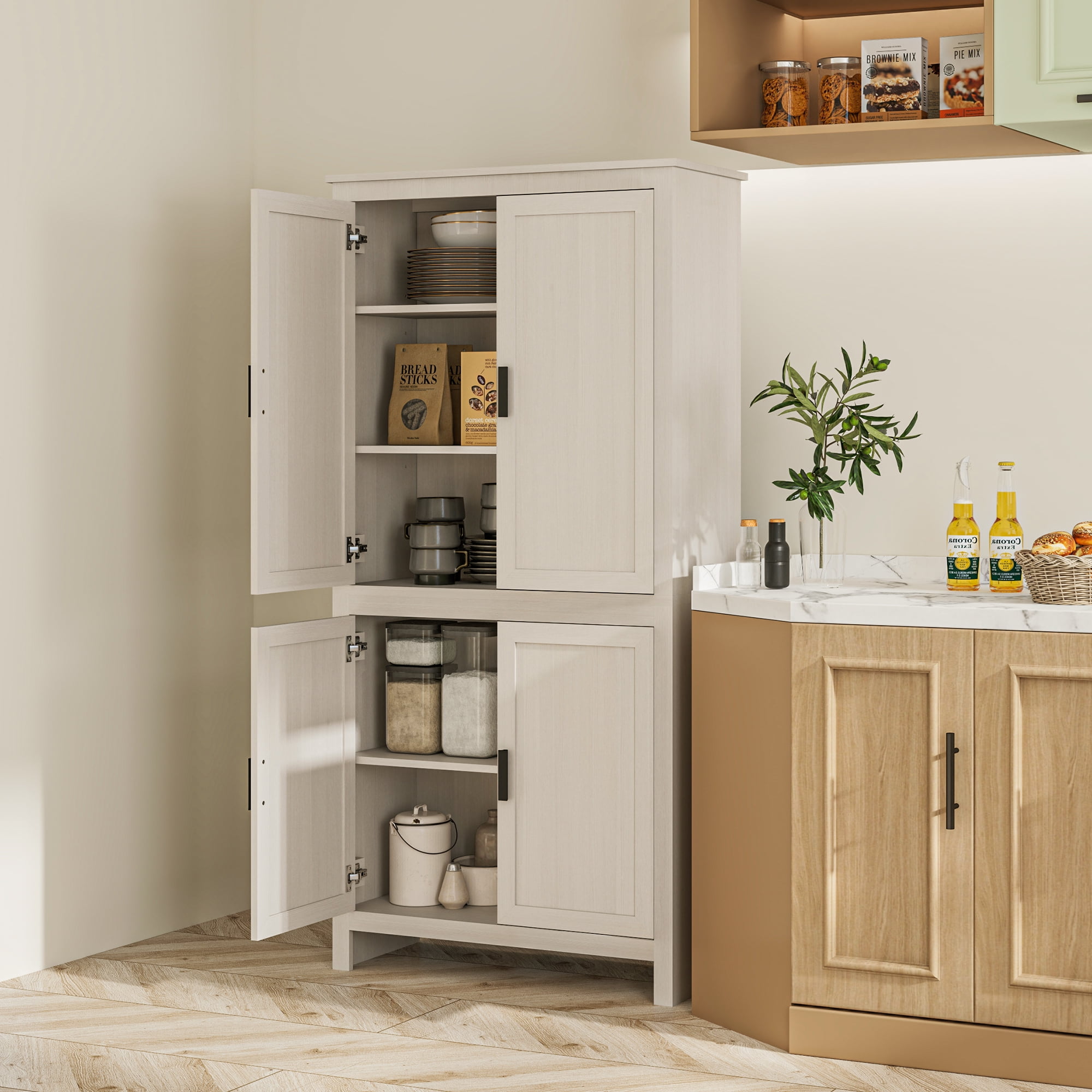 HOMCOM 64" Freestanding Kitchen Pantry Food Storage Cabinet w/ Shelves, White