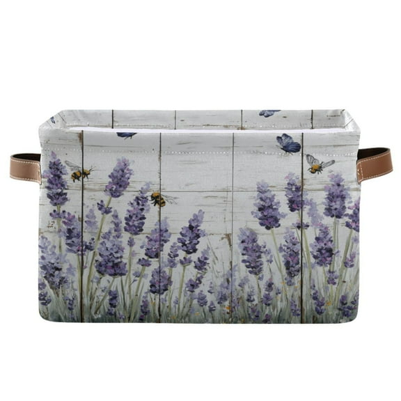 Foldable Storage Basket,Canvas Fabric Foldable Storage Bins with Handles Open Home Storage Bins Boxes for Toy Book Shelf Closet Baskets Lavender and Bees