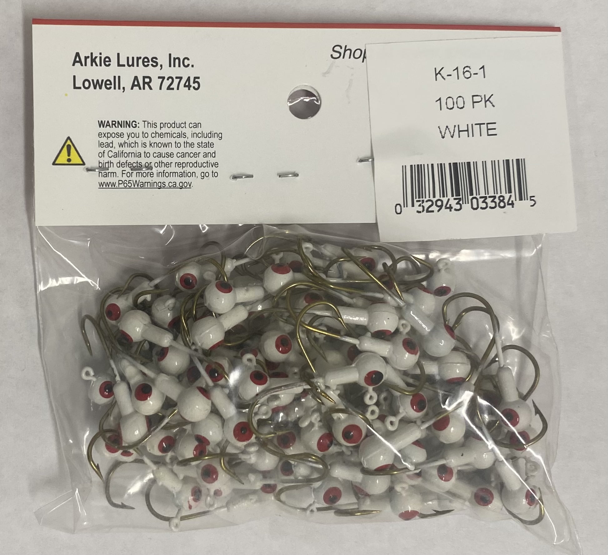 Arkie Lures Double Eye Painted Jig Heads, 1/16 oz, #1 White, 100 Pack Fishing Lures