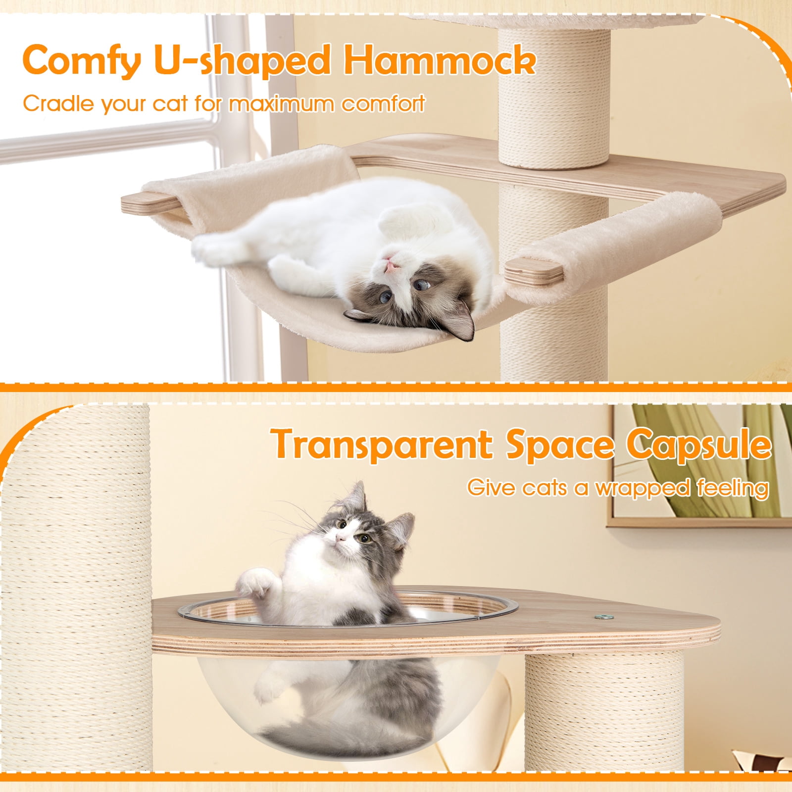 Gymax 69'' Tall Cat Tree Wooden Kitten Tower w/ 2 Condos Cozy Top Perch Space Capsule