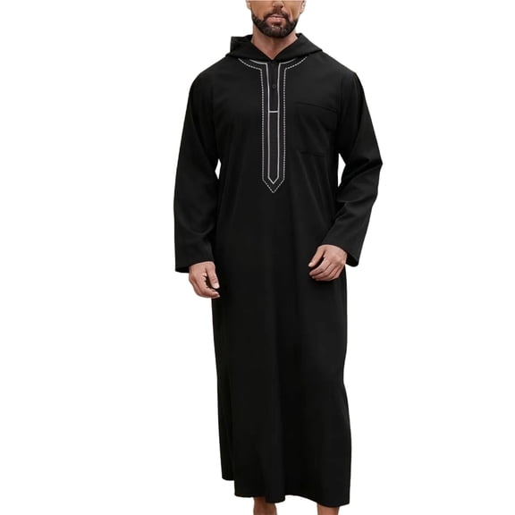 Fsgntruao Hooded Muslim Robe Long Sleeve Loose Fit with Pockets Embroidered Pullover Casual Ethnic Thobe Everyday Wear Black,L