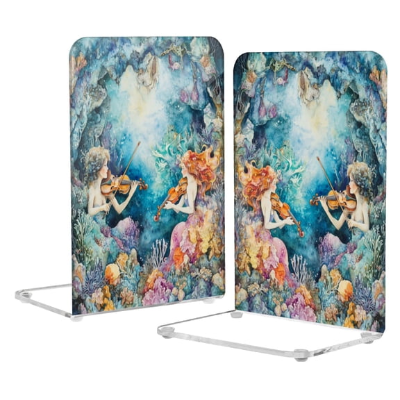 Wobogo The Mermaid Plays Music Acrylic Bookends Clear L-Shaped Book Holder with Non-Slip Pads for Books Files Magazines CD DVD 5.4×4.1×8.1in