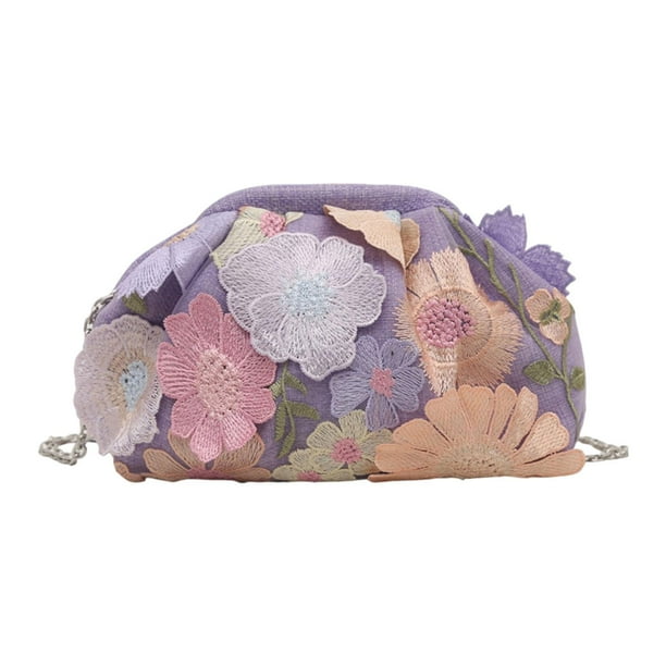 Bolso de mano tipo clutch con bordado floral y cadena extraíble para mujer. Púrpura