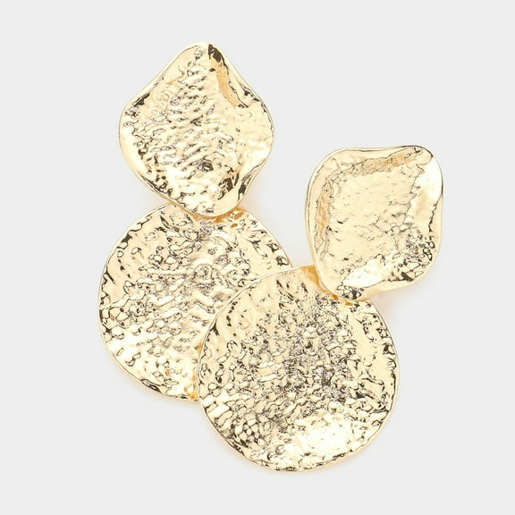 Clip on 2 1/2" gold bent double circle hammered dangle earrings