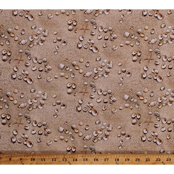 Cotton Sand Seashells Sea Shells Starfish Beach Summer Landscape Medley Cotton Fabric Print by the Yard (555SAND)