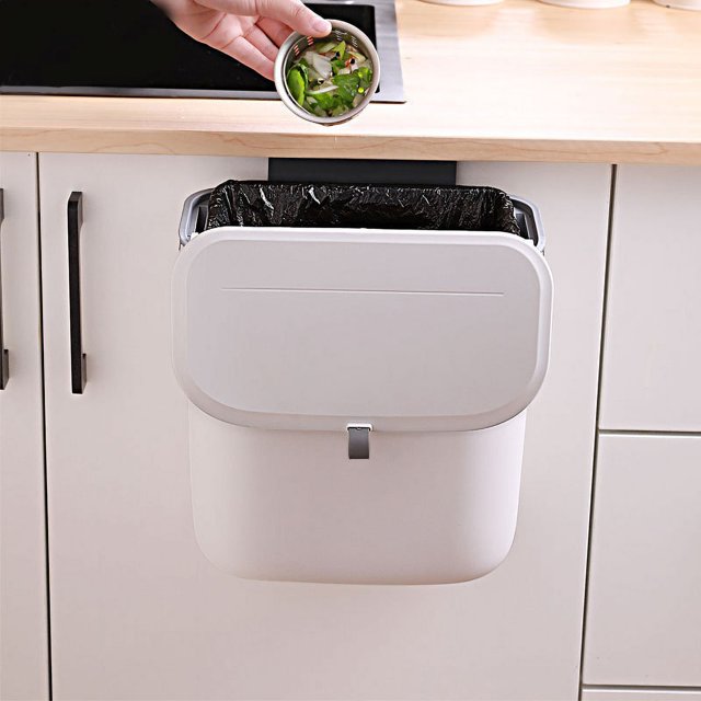 Bote de basura de plástico montado en la pared con tapa deslizante para puerta de armario de cocina de baño, gancho adhesivo para colgar, bote de basura