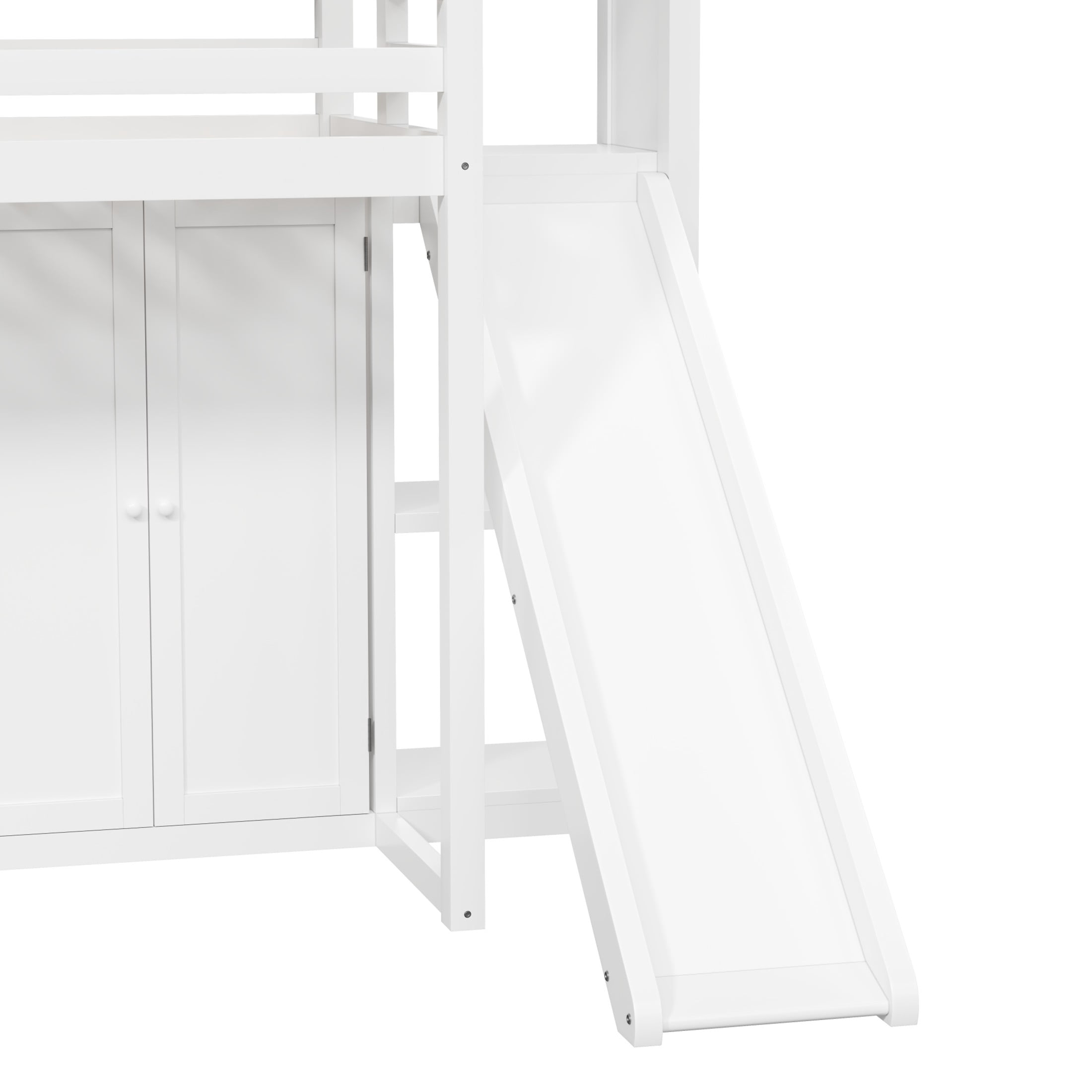 Noble House Briva Twin Wood Loft Bed with Wardrobe, Storage Shelves, Slide and LED Lighting, White