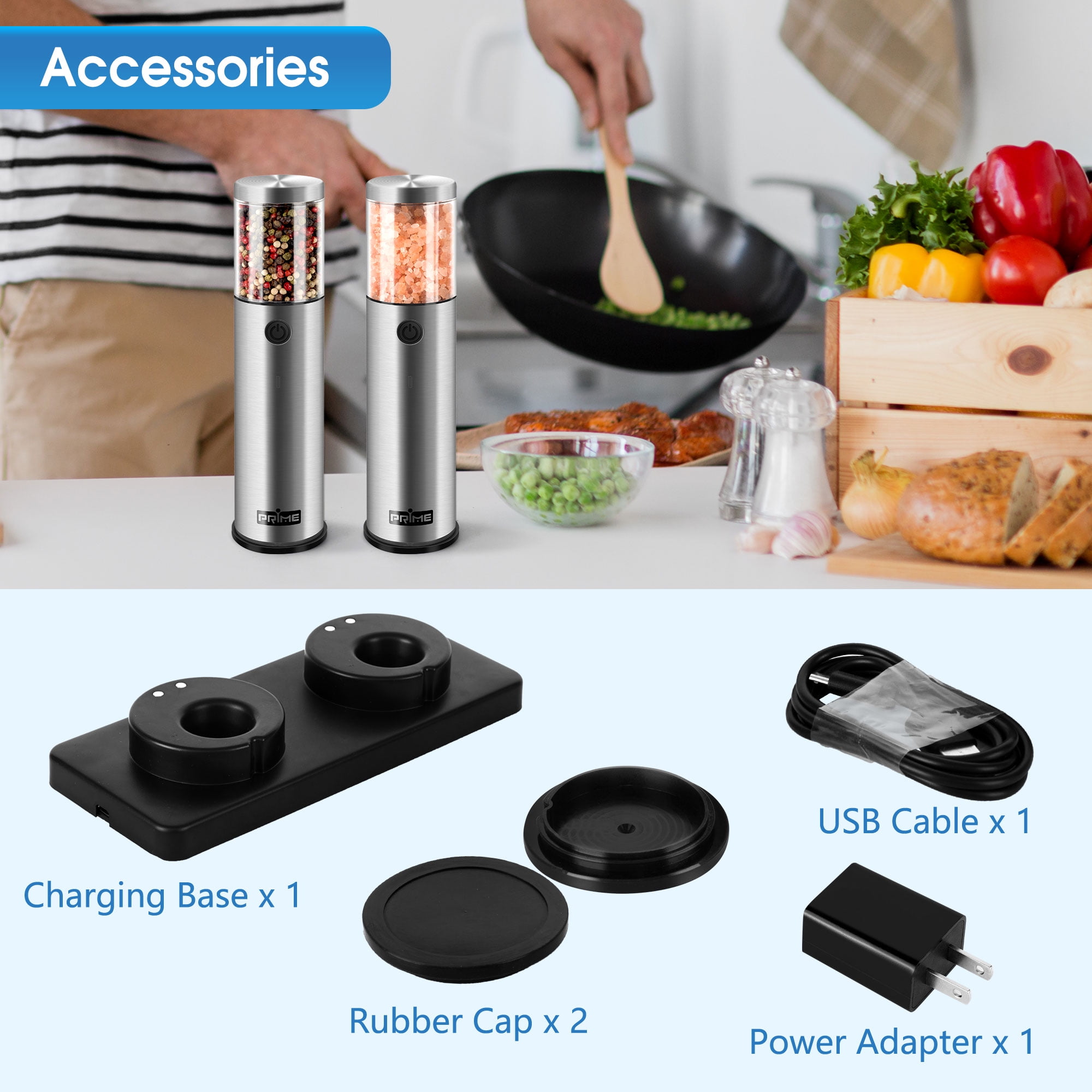 2 Pack Rechargeable Automatic Salt Pepper Mill Grinder USB Rechargeable  Base