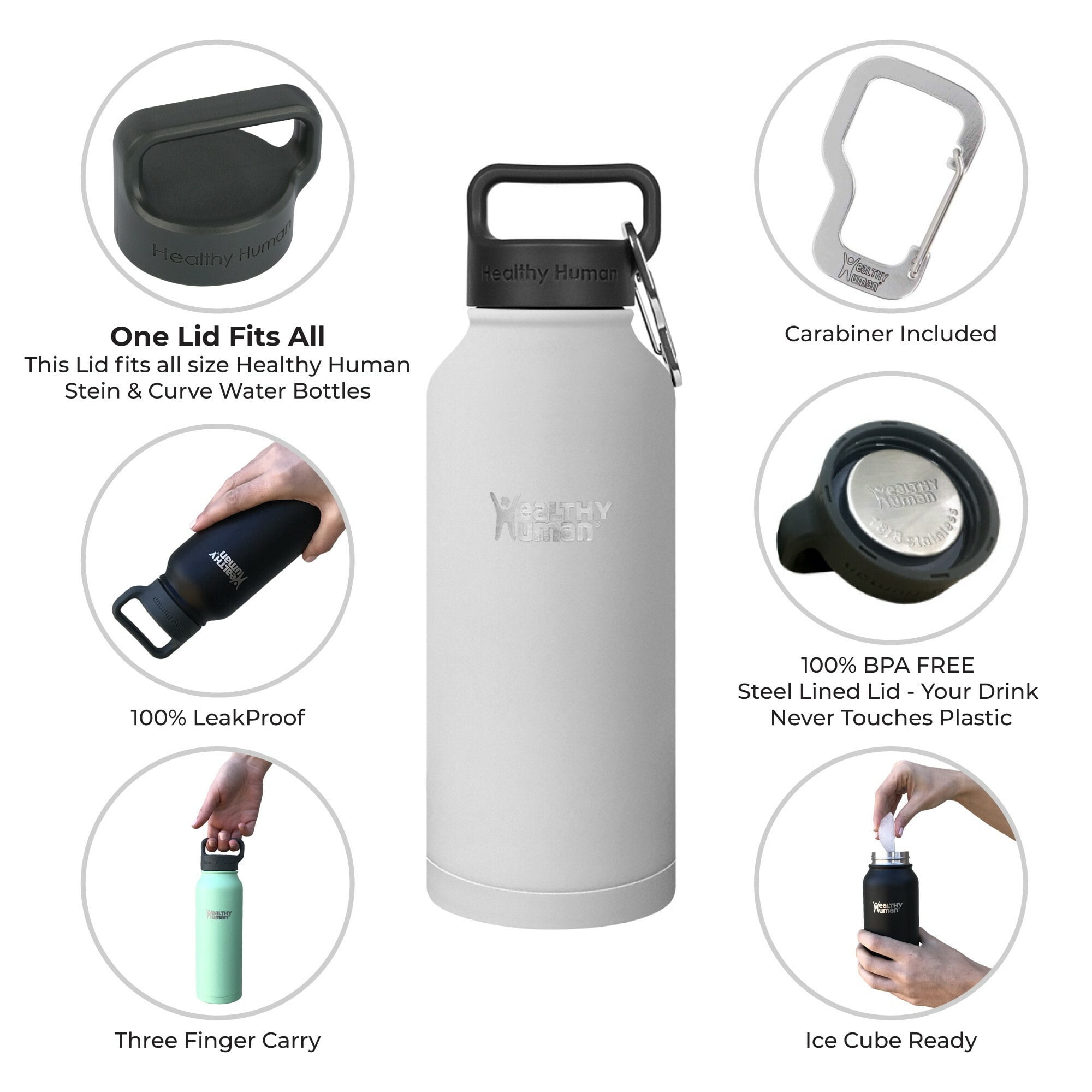 Healthy Human Stainless Steel Water Bottle | Double Walled Vacuum Insulated Water Thermos for Adults | Eco-Friendly Travel Bottles with Leak Proof Lid (Pure White, 32 oz/ 946 ML)
