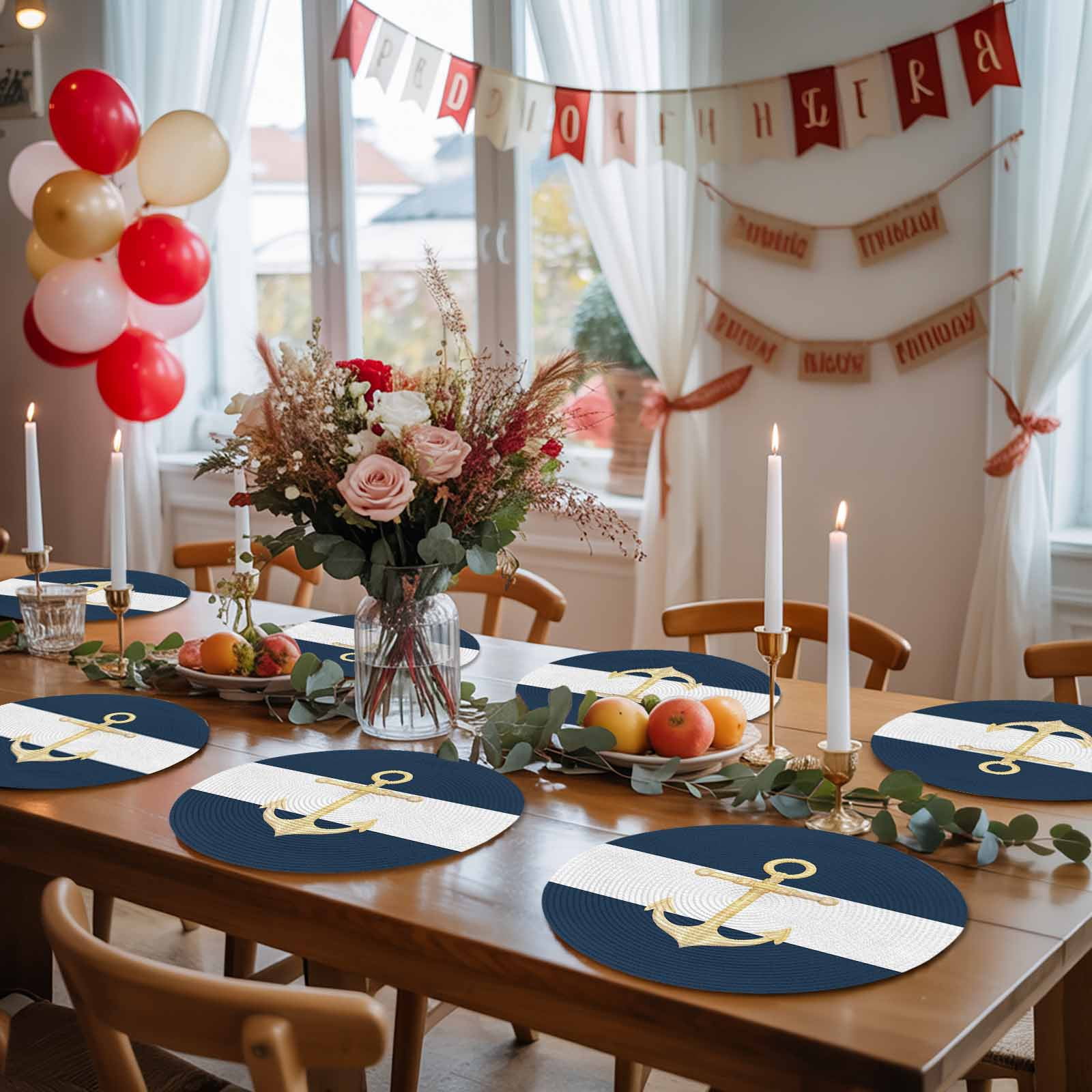 Round Placemats Nautical Anchor 15 inch Set of 4 Table Mats for Dining Table Dark Blue White Heat Resistant Non-Slip Kitchen & Home Decorative Place Mat Set
