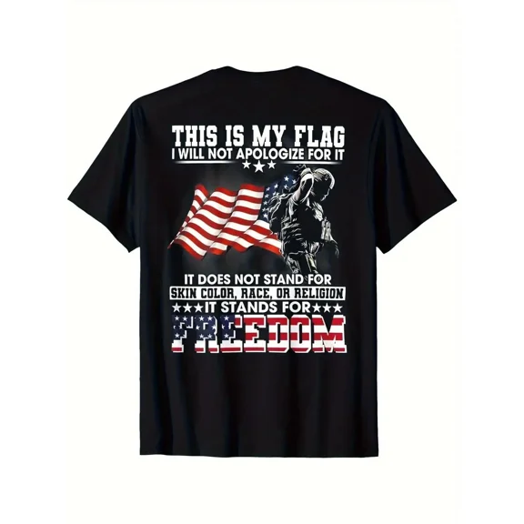 Vintage Patriotic American Flag & Soldier Print T-Shirt - 100% Cotton Unisex Casual Tee with Bold "Stand for Freedom" Slogan, Regular Fit Short Sleeve Shirt for Men & Women - Ideal Gift for Dad