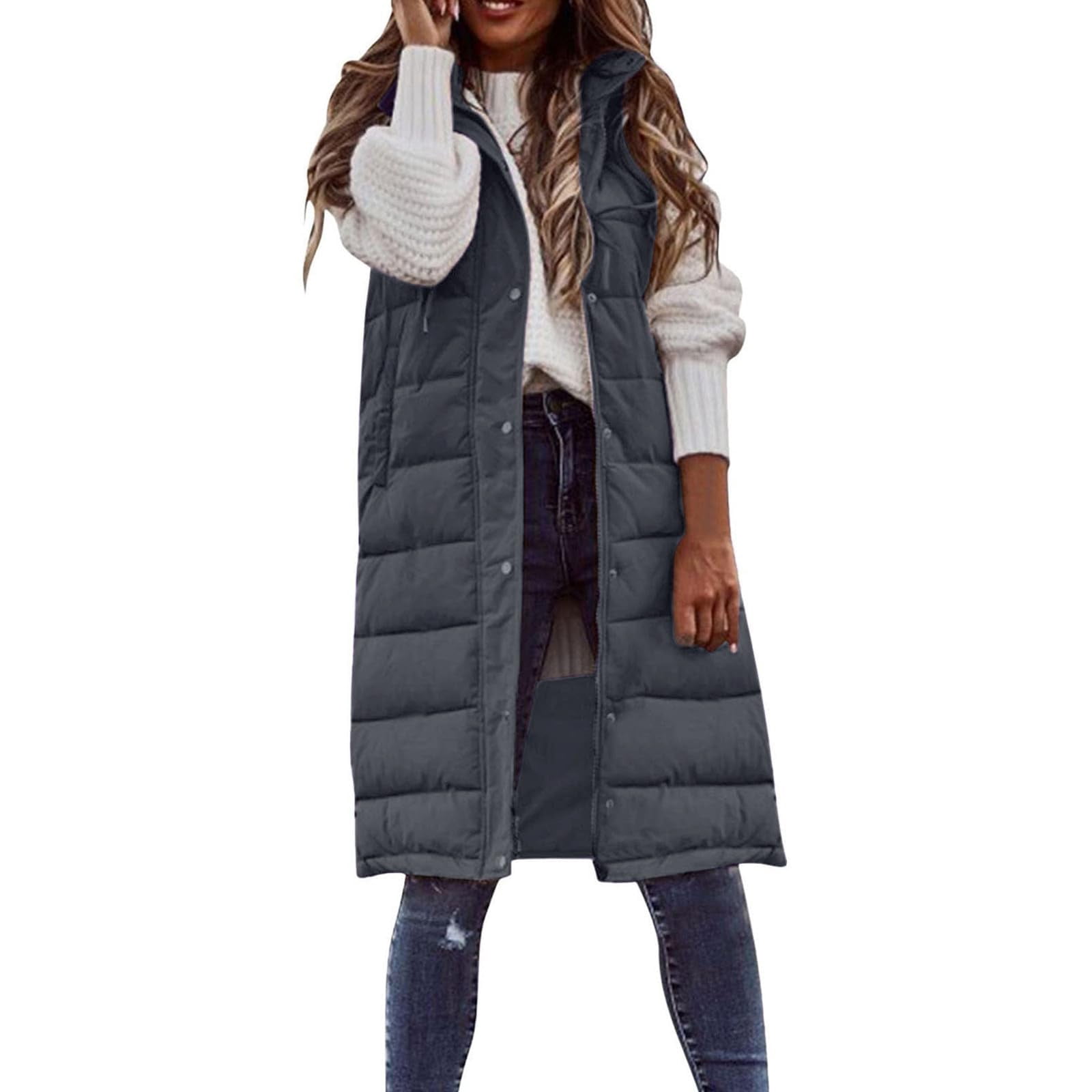 Womens Puffer Vest Sleeveless Hooded Long Quilted Vests Zip Up Lightweight Puffy Winter Jackets Gilet with Pockets
