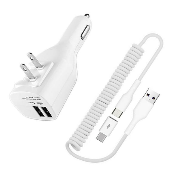 2-in-1 Car Home Charger Coiled USB Cable for Samsung Galaxy A15 5G/A24/A25 5G/A34 5G/A35 5G/A54 5G/A55 5G - Micro-USB to USB-C Adapter Charger Cord Power Wire Folding Prongs White