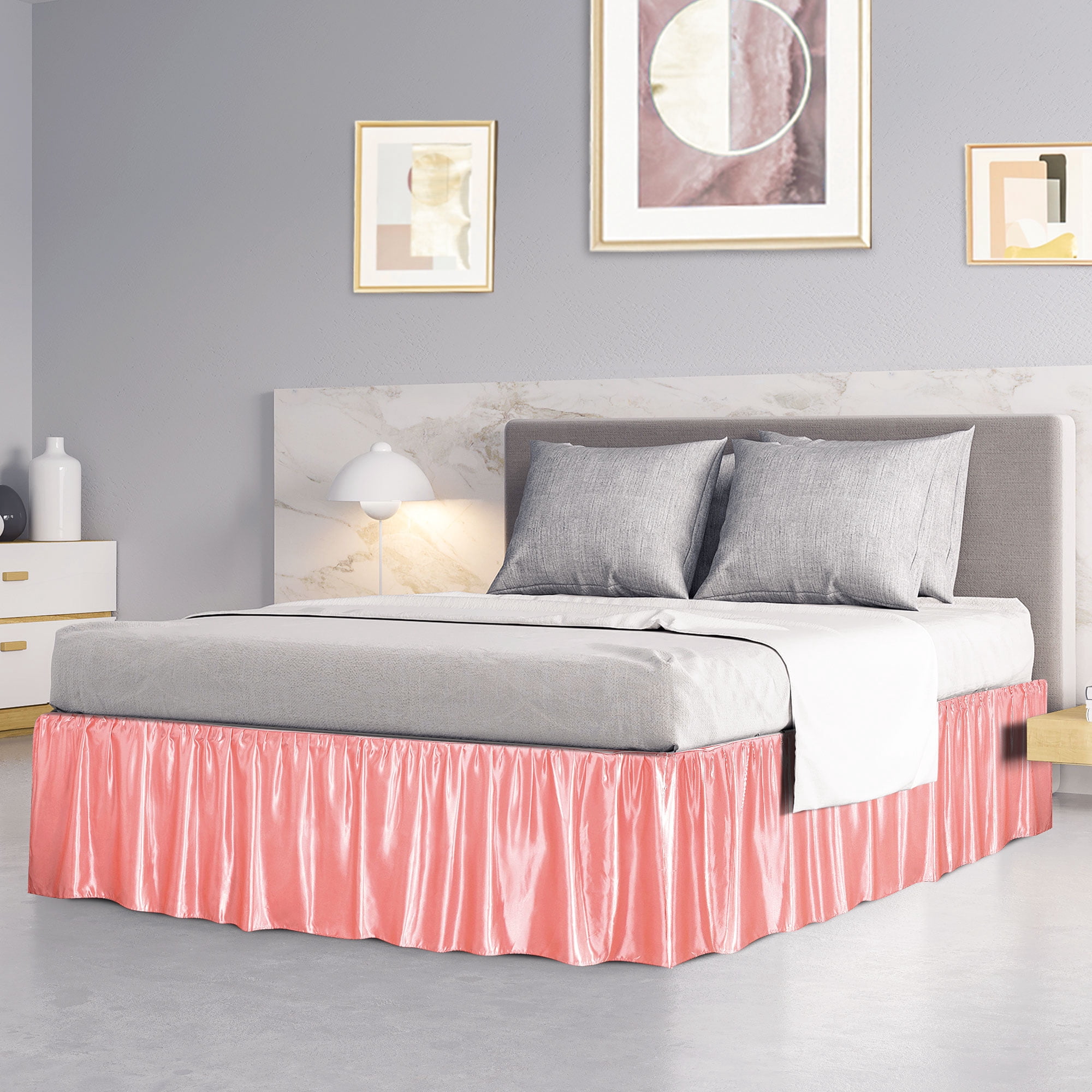 Unique Bargains Dust Ruffle Wrinkle Free Bed Skirt Coral Pink King - 18" Drop
