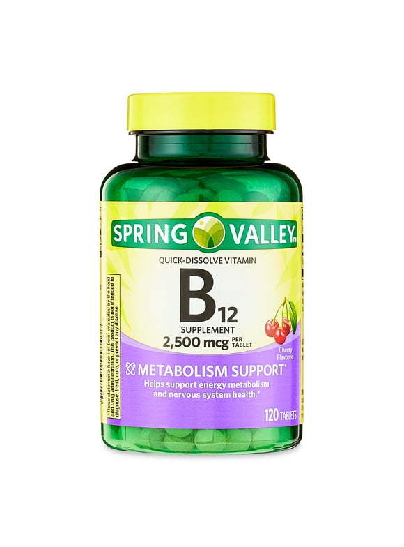 Spring Valley Vitamin B12 Quick-Dissolve Tablets Dietary Supplement, 2,500 Mcg, Cherry, 120 Count