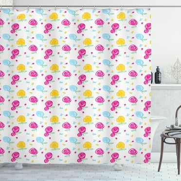 Flower Shower Curtain, Cartoon Design Abstract Roses and Buds Pattern, Fabric Bathroom Set with Hooks, 69W X 70L Inches, Coconut Multicolor, by Ambesonne