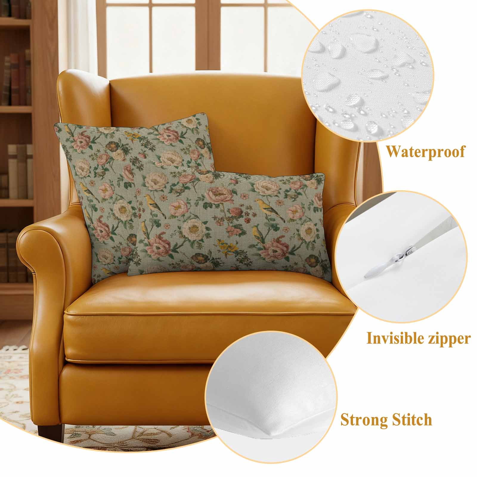 Vintage Spring Floral Outdoor Waterproof Pillow Covers, Farmhouse Flowers Green Vintage Decorative Square Throw Pillowcase Sofa Cushion Sham for Patio/Couch/Chair, 16"x16" 2 Pack