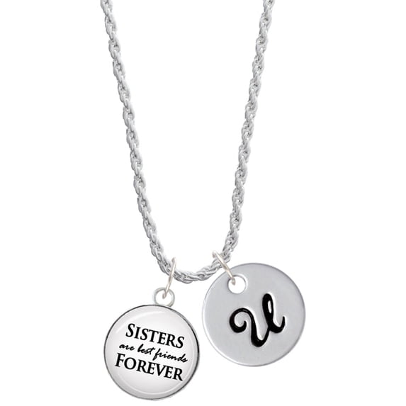 Delight Jewelry Silvertone Domed Sisters are Best Friends Forever Silvertone Script Initial Disc - U - Charm Necklace, 20"+3"