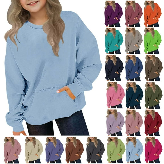 Girls Long Sleeve Fleece Sweatshirts Kids Casual Crewneck Loose Fit Pullover Fall Basic Shirts Outfits with Pockets 2-12 Years