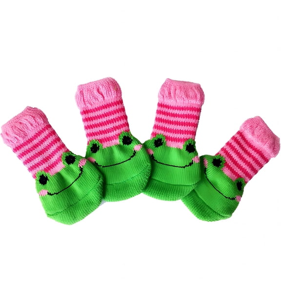 GASTROPOD 4Pcs Cats Dogs Cotton Warm Anti-Slip Cartoon Pattern Socks Shoes Pet Supplies Frog Dog Socks L