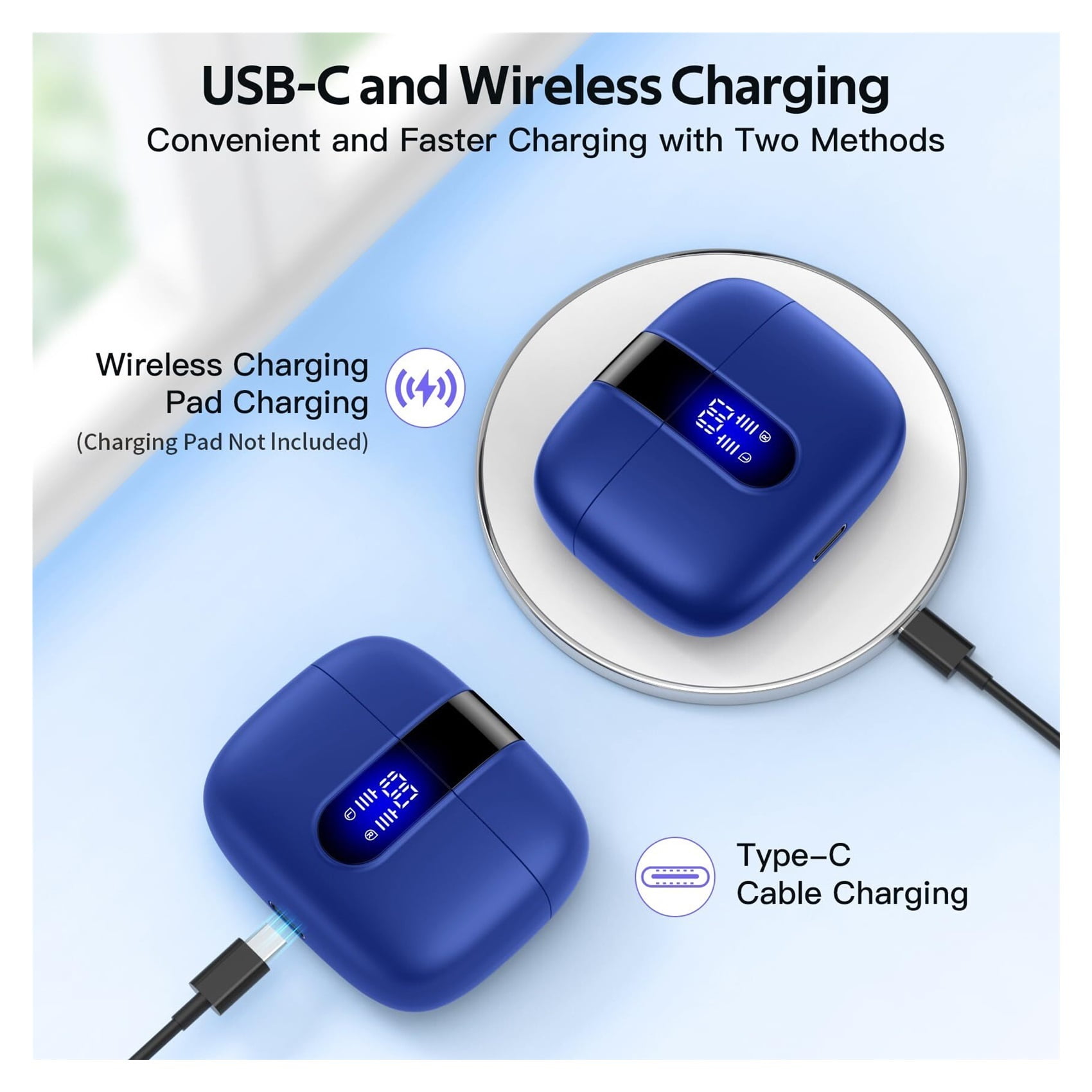 Bluetooth Headphones True Wireless Earbuds 60H Playback LED Power Display Earphones with Wireless Charging Case IPX5 Waterproof in-Ear Ear buds with Mic for TV Smart Phone Laptop Computer Sports