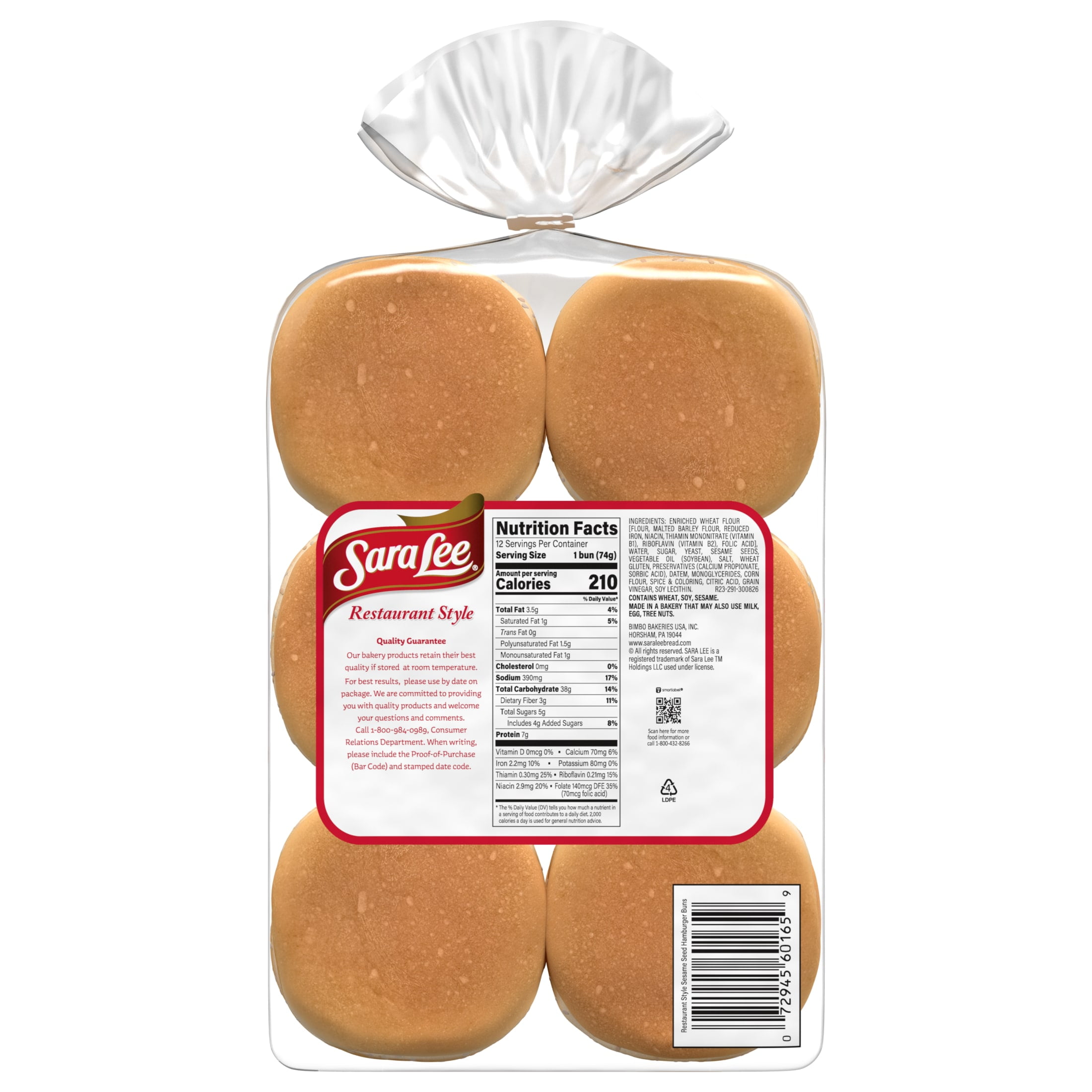 Sara Lee Restaurant Style Gourmet Sesame Seed Hamburger Buns, 12 count, White Hamburger Buns, 31.5 oz Bag