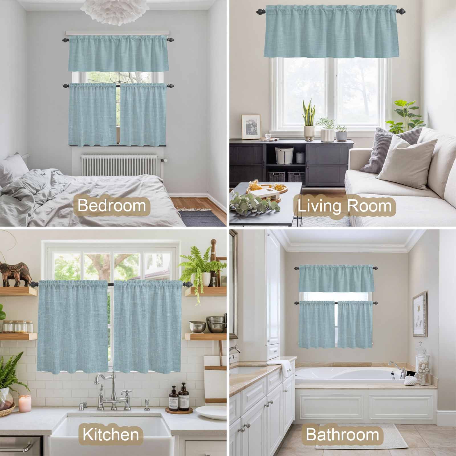 Vintage Haze Blue Kitchen Curtains Sets for Windows 36 Inch Length, Farmhouse Retro Solid Color Linen Texture Rod Pocket Window Treatments Tier Curtains and Valances Set for Bedroom/Bathroom