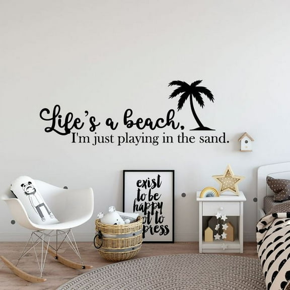Life's A Beach, I'm Just Playing In The Sand - Beach Life Quotes Trees Silhouette Vinyl Wall Sticker Art Decal Beach Area Ocean Vibes Chill Design Beach House Home Decor Decoration Size (4x10 inch)