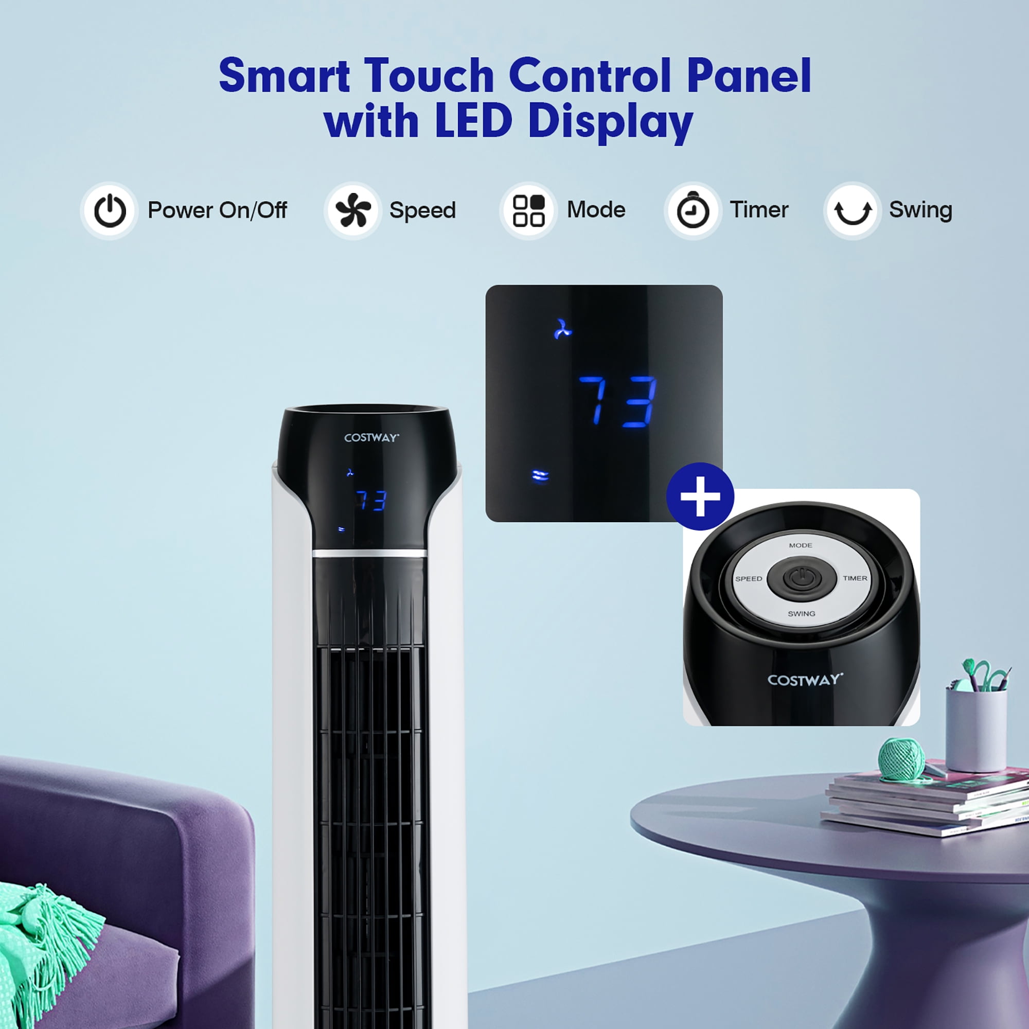 Costway Portable 48'' Tower Fan 80° Oscillating Bladeless Fan with Remote & LED Control
