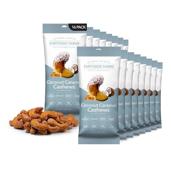 Earthside Farms Coconut Caramel Cashews Snack Packs, No Sugar Added Keto Friendly Nuts, Vegan Gluten Free Non GMO Low Carb Snack, Plant Protein Treat, 1oz Individual Bags, 16 Count