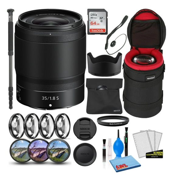 Nikon NIKKOR Z 35mm F/1.8 S Prime Lens (20081) Bundle with 64GB Ultra SDHC Memory Card   Padded Lens Case   70-Inch Pro Monopod   8-Piece Filter Kit (Macro, UV, CPL, FLD)