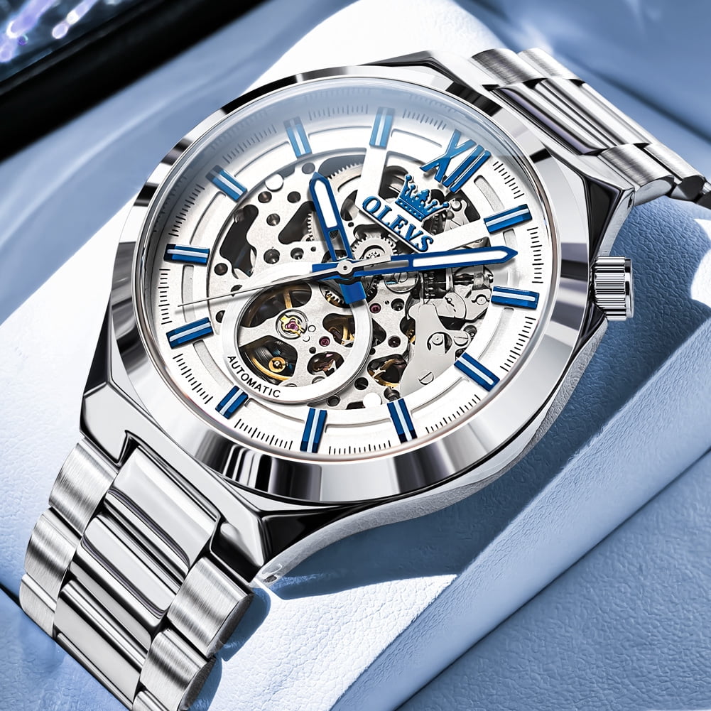 OLEVS Skeleton Watches for Men Luxury Dress Automatic Self Winding Mechanical Gold Plated Stainless Steel Waterproof Luminous Business Men Wrist Watch Reloj Para Hombre