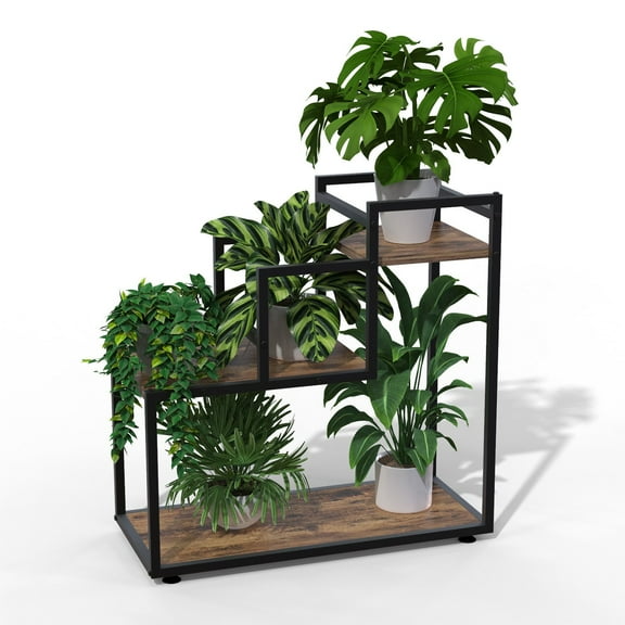 GDLF Trapezoidal Plant Stand 3-Tier Black Antique Wood Metal Rack