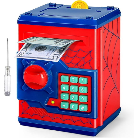 ATM Piggy Bank for Boys Girls, Mini ATM Coin Bank Money Saving Box with Password, Kids Safe Money Jar for Adults with Auto Grab Bill Slot, Great Gift Toy Bank for Kids S Red