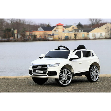 First Drive Audi Q5 White 12v Kids Cars - Dual Motor Electric Power Ride On Car with Remote, MP3, Aux Cord, Led Headlights and Rear Lights, and Premium