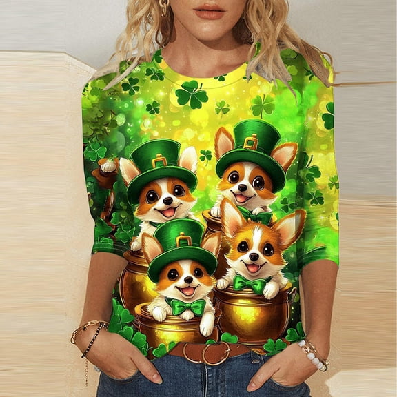 Mceream St Patrick's Day Shirts for Women Plus Size Crewneck 3/4 Sleeve Irish Clover Shirt Saint St Patty's Day 2026 Casual Tunic Tops Summer Shamrock T-Shirts plus size Yellow XL