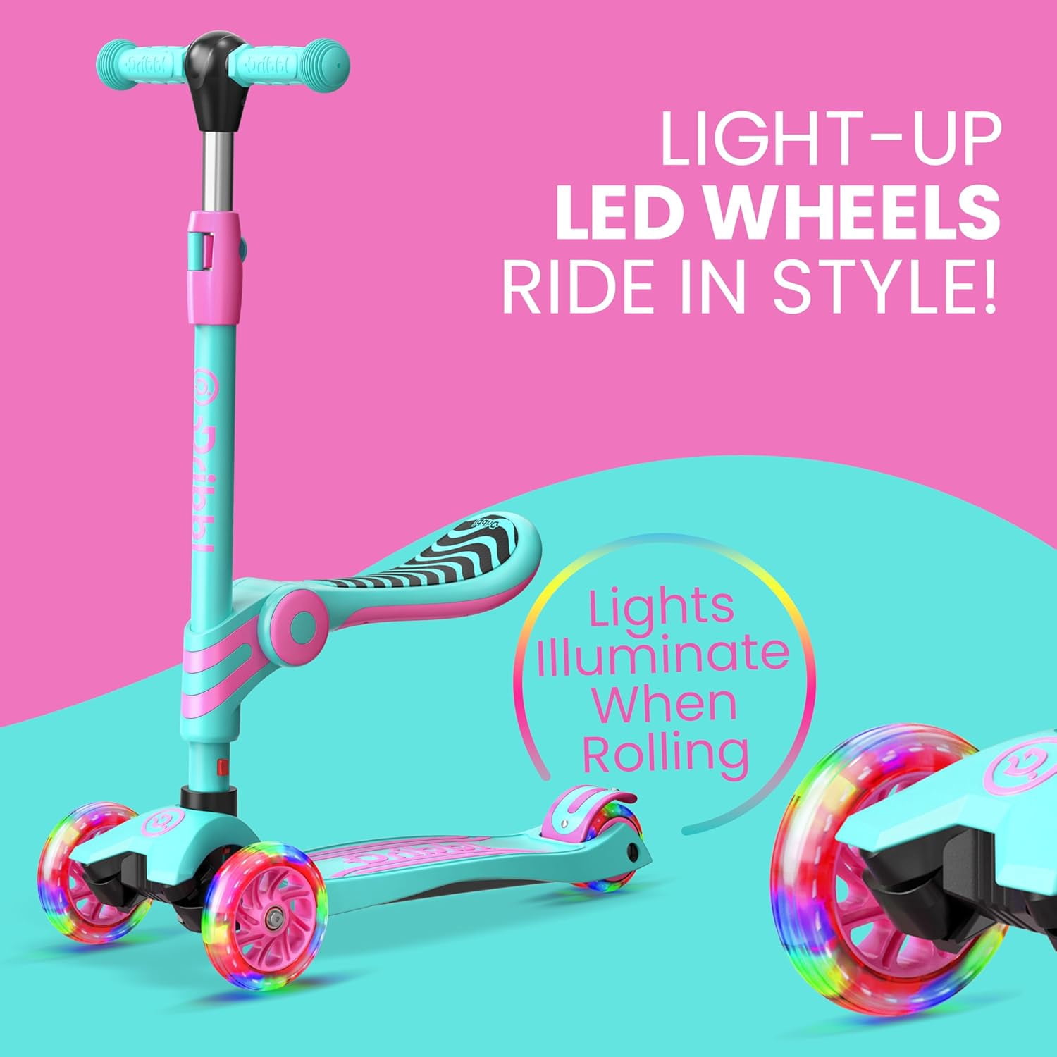 Dribbl 3-Wheel Kids Scooter with Seat, Light-Up Wheels, Adjustable Handlebar, Wide Deck & Rear Brake, Ages 2+