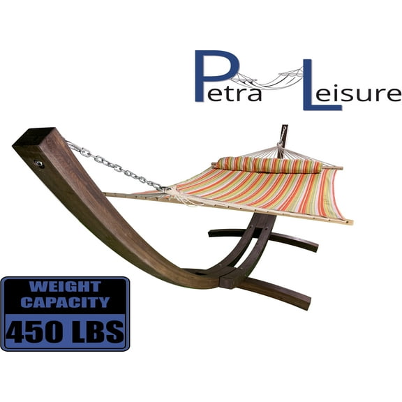 Petra Leisure 14 Ft. Coffee Stain Wooden Arc Hammock Stand Deluxe Quilted Elegant Spring Stripe, Double Padded Hammock Bed w/Pillow. 2 Person Bed. 450 LB Capacity