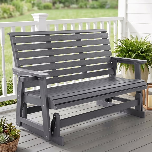 HIPS Patio Glider with Cup Holders, Durable Poly Lumber Material, All-Weather Resistant, High Backrest and Deep Contoured Seat, Ladder Back, Heavy Duty 900 LB, for Outdoor, Patio (Grey, 3-Seat)