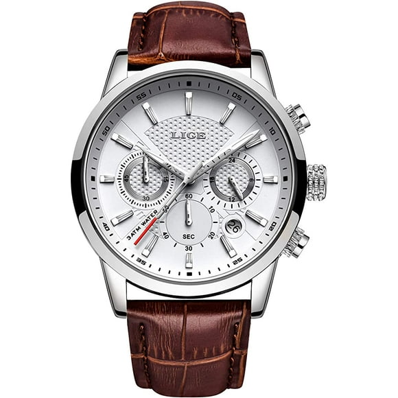 Amdohai LIGE men's leather watch with chronograph, waterproof, business sport design, stainless steel, men's date watch, black/silver, men's wrist watches