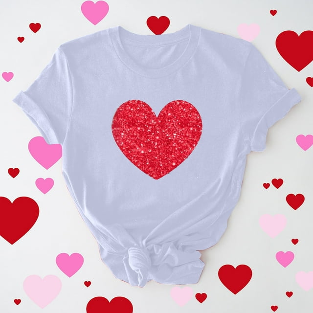 Meichang T-Shirts de la Saint-Valentin pour Femmes Hauts Mignons Imprimé Cœur Hauts Mignons Col Rond Manches Courtes Décontracté T-Shirts de Vacances Saint-Valentin