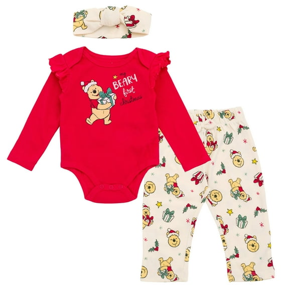 Disney Winnie the Pooh Christmas Bodysuit, Pants and Headband 3 Piece Outfit Set Newborn to Infant