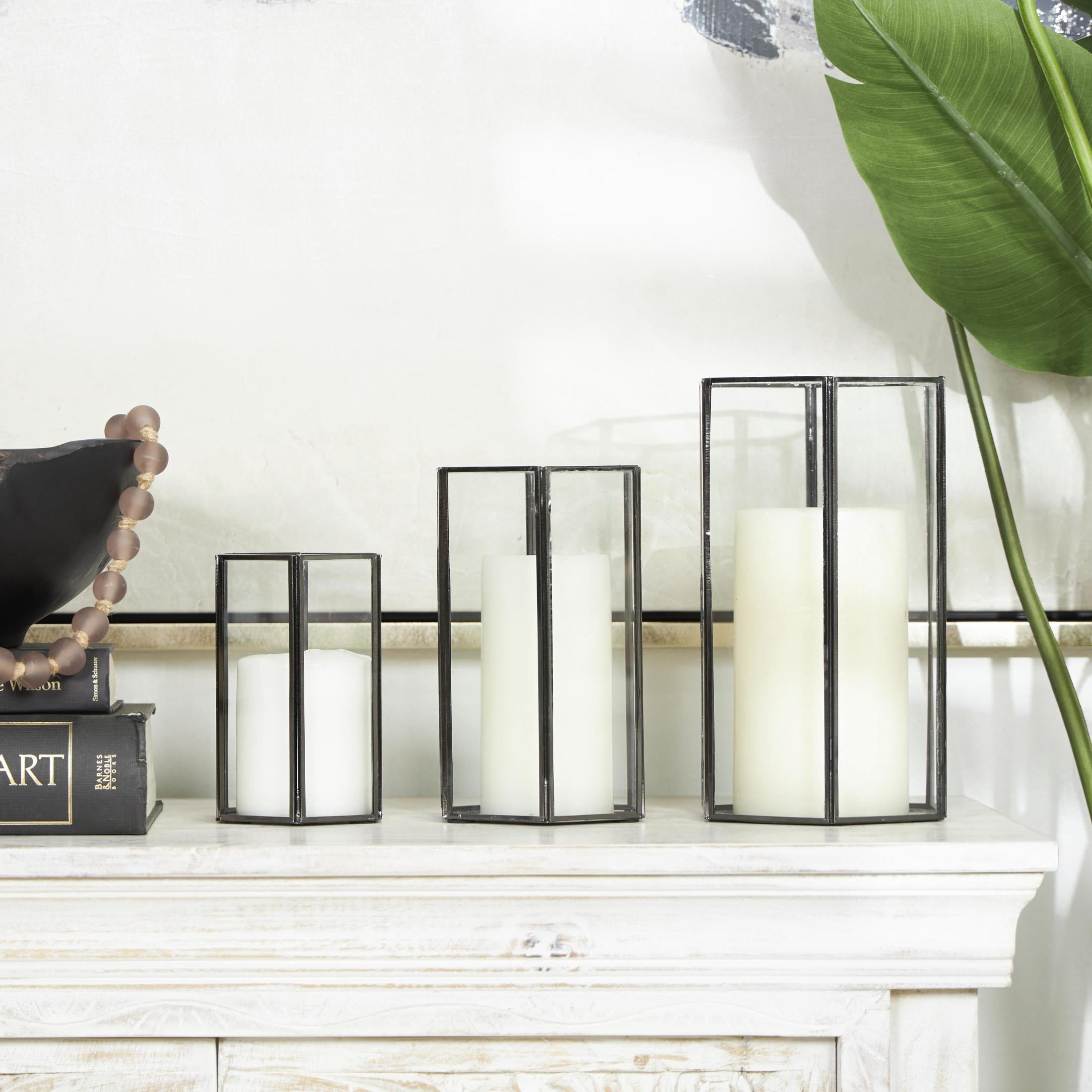CosmoLiving by Cosmopolitan 3 Holder Clear Metal Geometric Hexagon Shaped Candle Lantern with Clear Glass, Set of 3