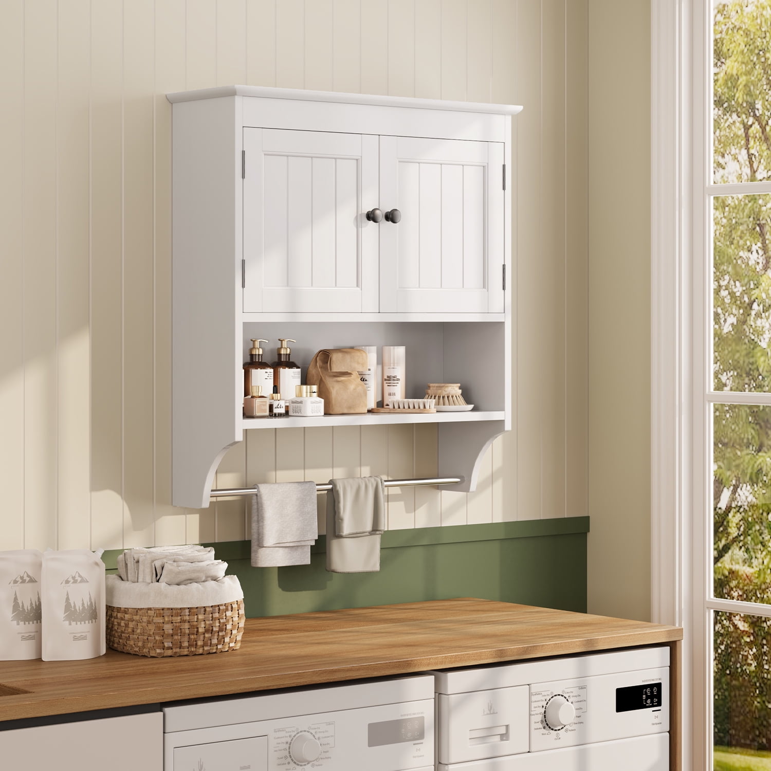 Lofka Bathroom Wall Cabinet, Over the Toilet Storage Cabinet with Double Doors, 1 Adjustable Shelf, 1 Towel Bar, White