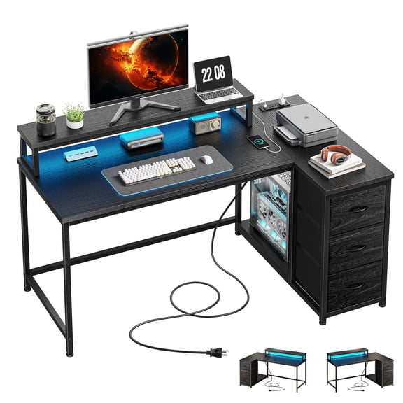 melmine L Shaped Computer Desk with LED Lights, 3 Drawers, Power Outlets and Monitor Stand, 47 Inch Corner Gaming Desk for Small Spaces,Black